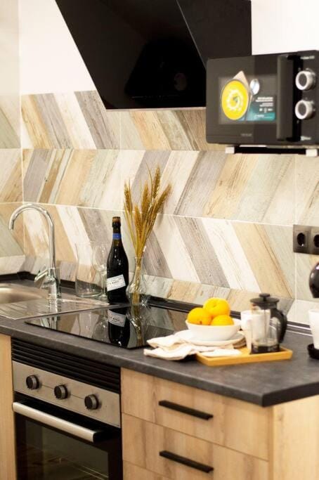 Kitchen or kitchenette, stove