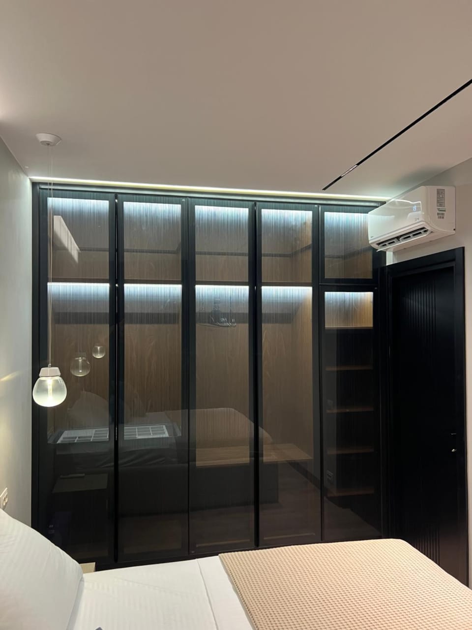 Bed, wardrobe