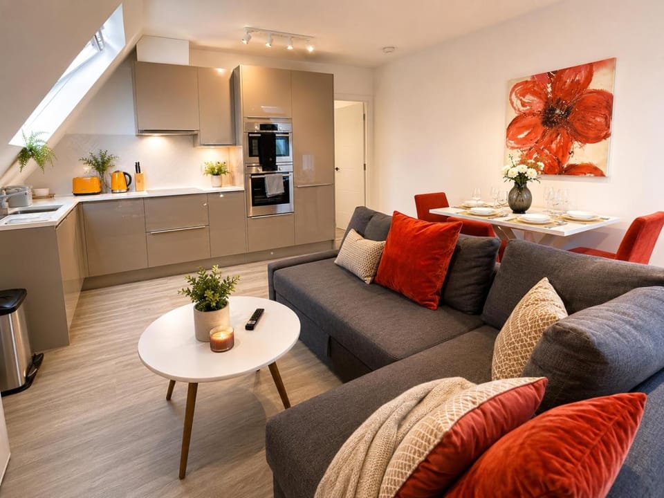 Kitchen or kitchenette, Living room, Seating area, oven