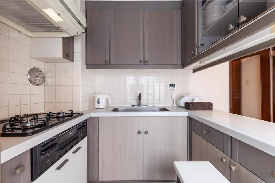 Kitchen or kitchenette, stove