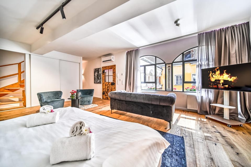 Bed, TV and multimedia, Seating area, Bedroom, Inner courtyard view, wardrobe, air conditioner
