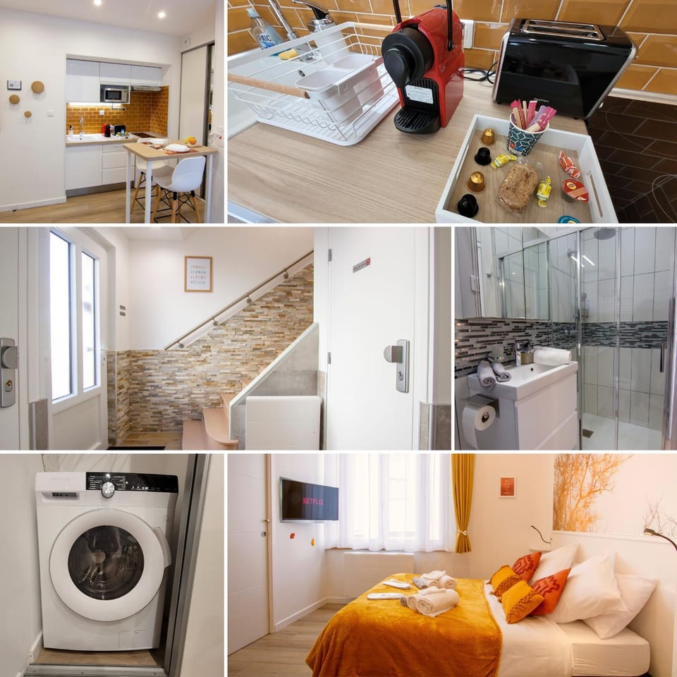 Bed, Bathroom, towels, washing machine, dryer, kitchen