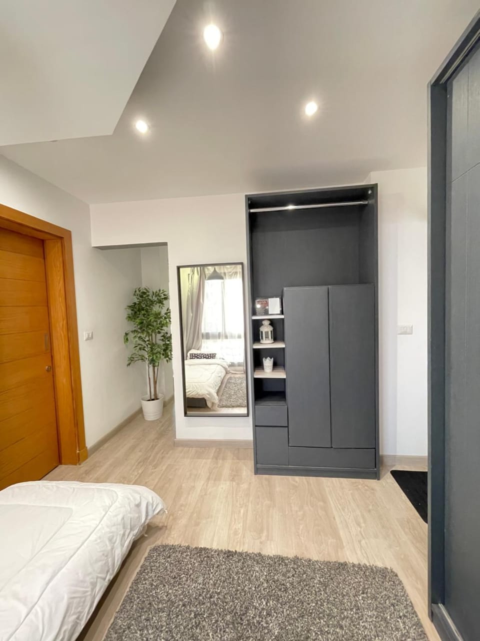 Bed, wardrobe