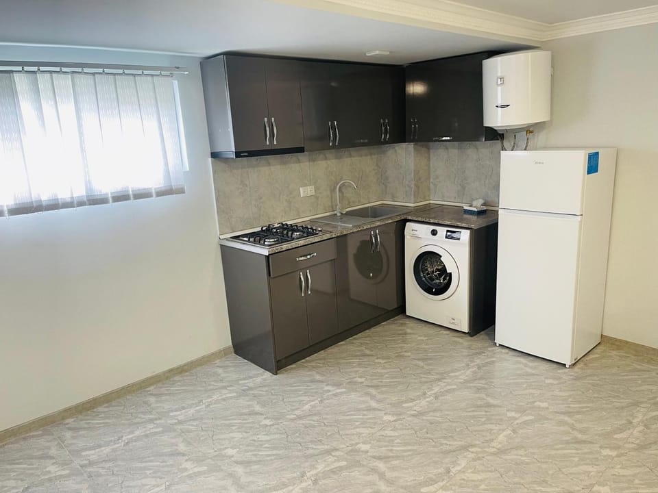 Kitchen or kitchenette, stove, washing machine