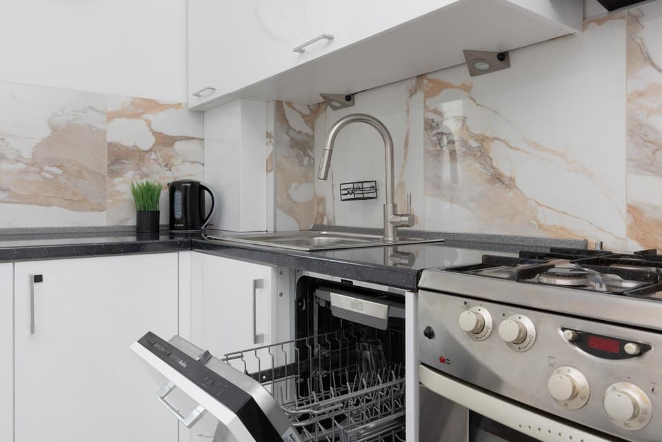 Kitchen or kitchenette, dishwasher, stove