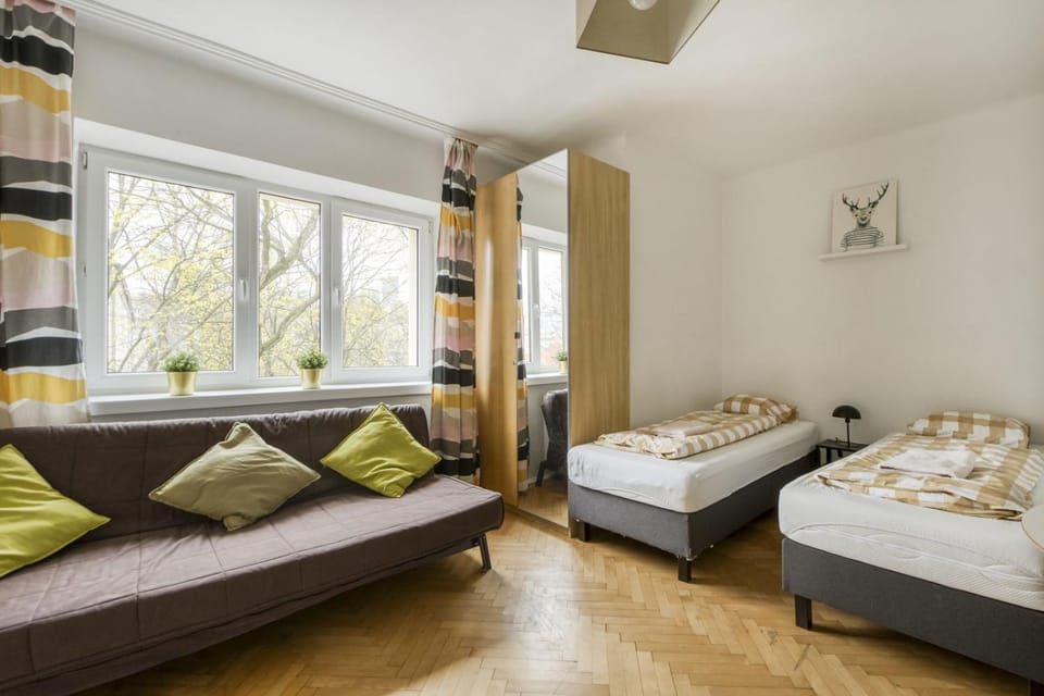 Bed, towels, wardrobe