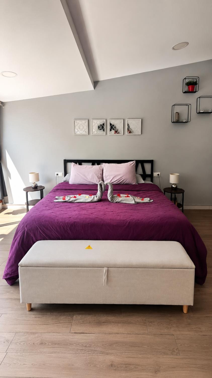 Bed, Balcony/Terrace, Photo of the whole room, Bedroom, furniture, towels, air conditioner