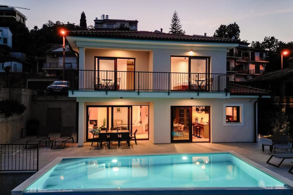 Property building, Night, View (from property/room), Balcony/Terrace, Pool view, Swimming pool