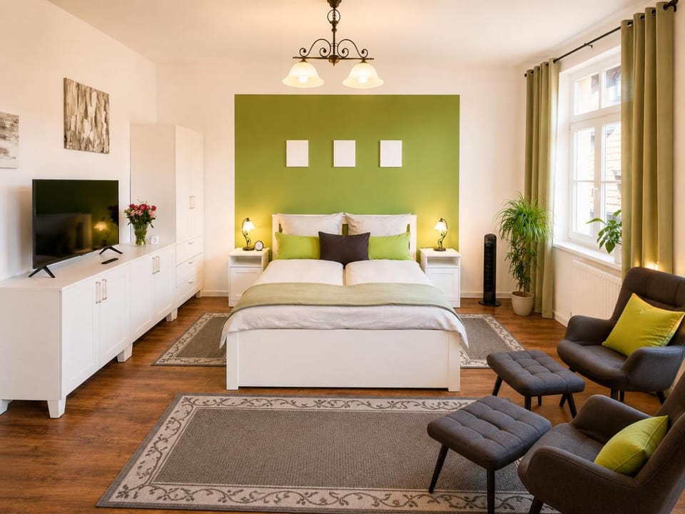 Bed, Seating area, Bedroom