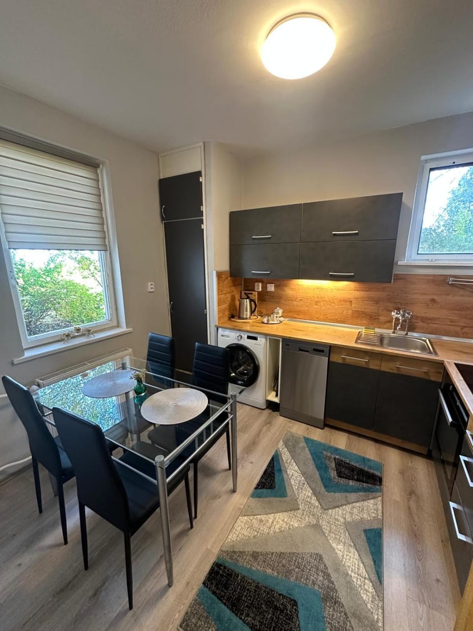 Kitchen or kitchenette, Seating area, Dining area, dishwasher, oven, stove, washing machine