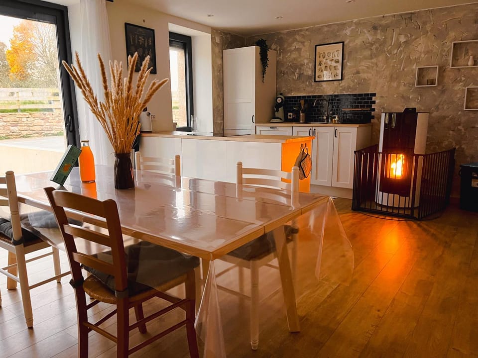 Kitchen or kitchenette, Dining area, fireplace, stove