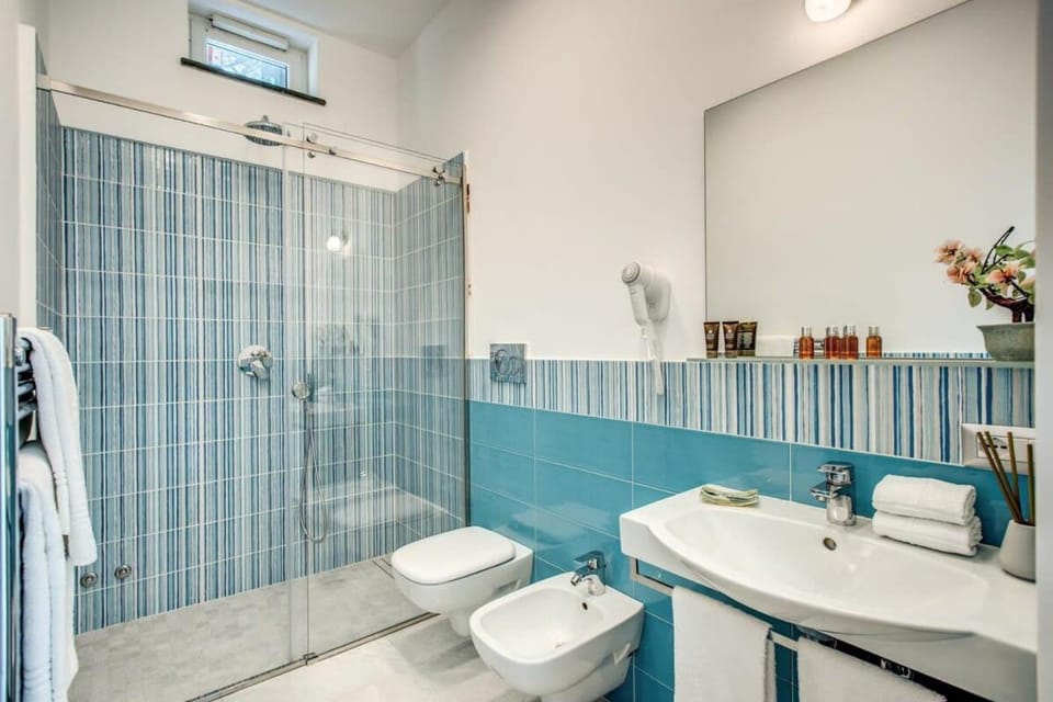 Shower, Toilet, bidet, towels