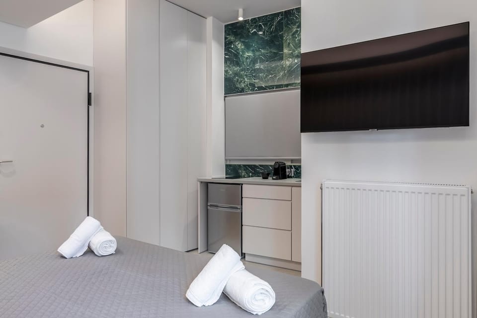Bed, TV and multimedia, Kitchen or kitchenette, Photo of the whole room, wardrobe