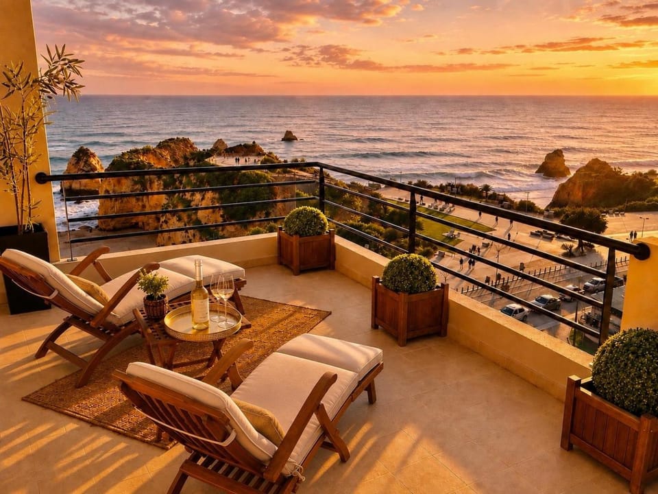 Patio, Nearby landmark, Natural landscape, Balcony/Terrace, Beach, Sea view, Sunset, sunbed
