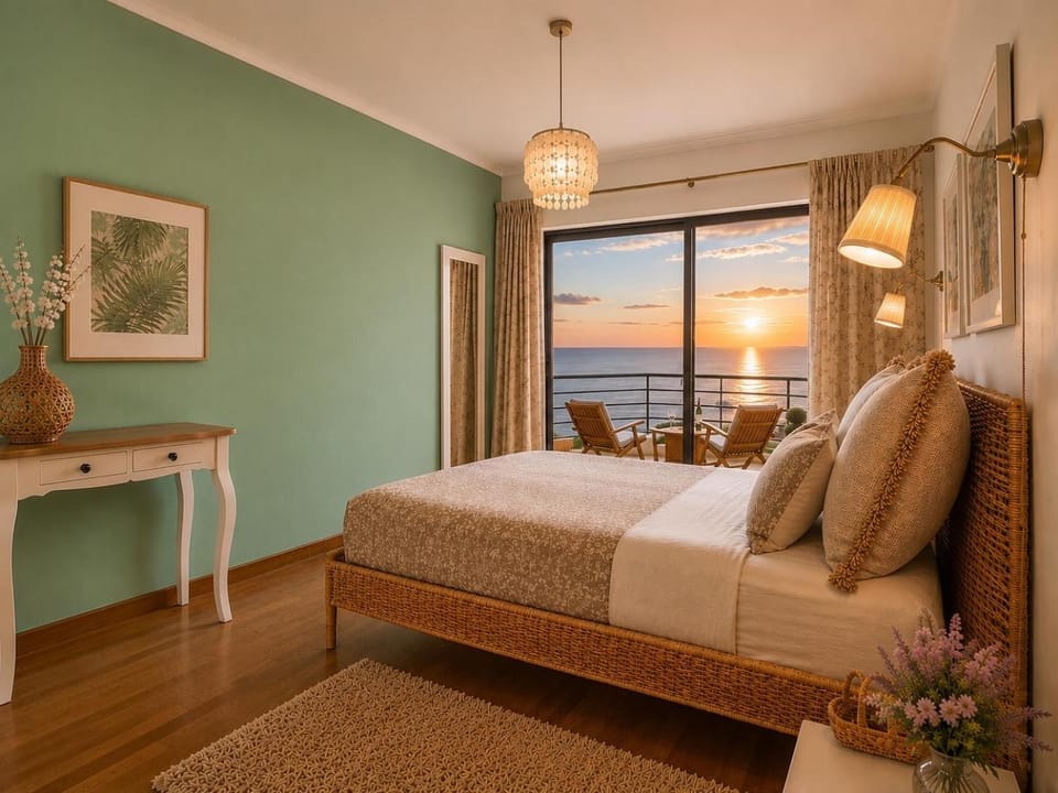 Bed, Natural landscape, Balcony/Terrace, Photo of the whole room, Bedroom, Sea view, Sunset