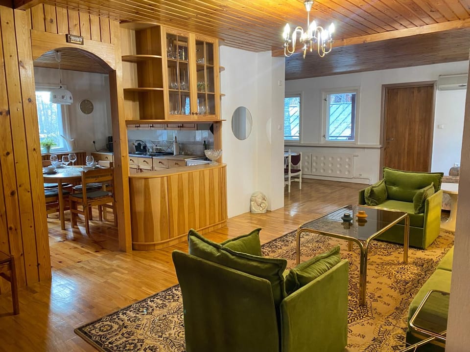 Kitchen or kitchenette, Living room, Seating area, Dining area