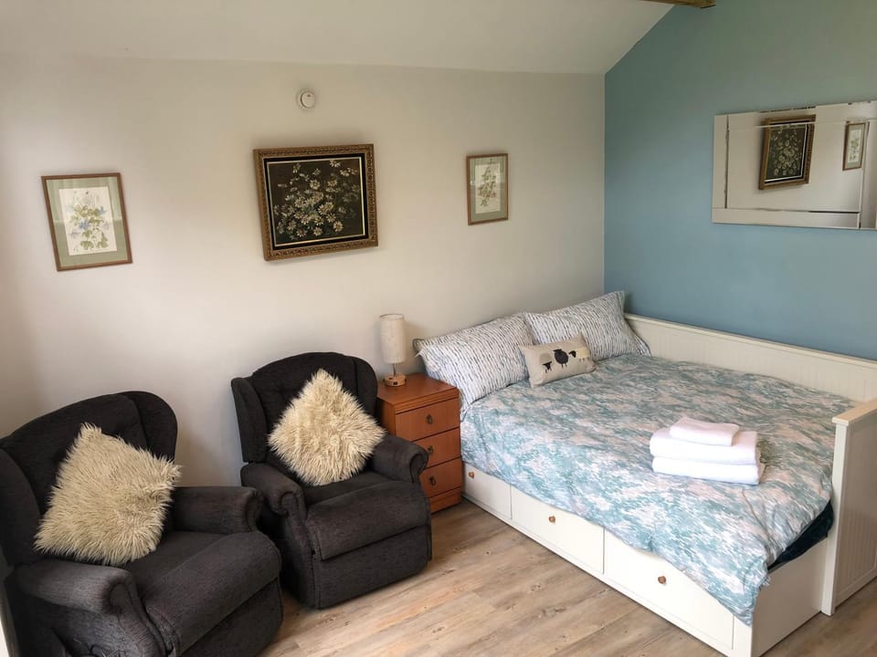 Bed, Living room, Seating area, Bedroom
