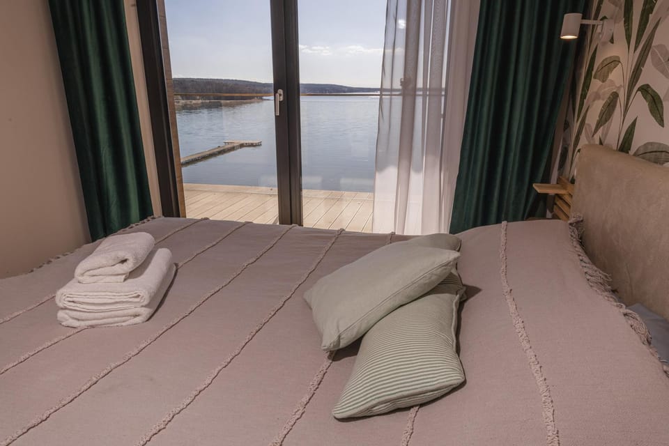 Bed, Natural landscape, Lake view, towels