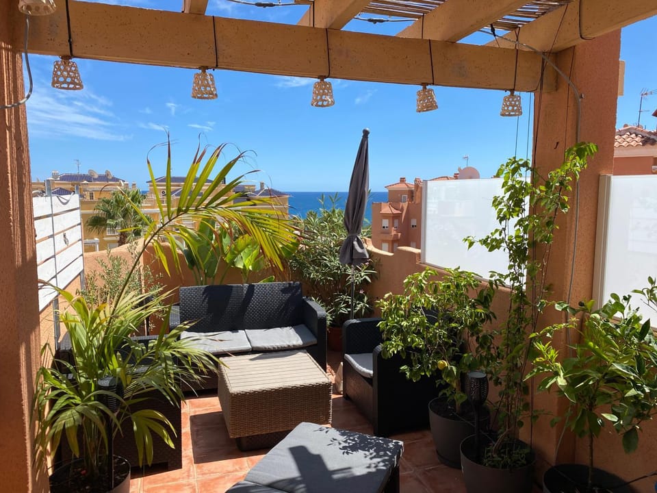 View (from property/room), Balcony/Terrace, Seating area, Garden view, Sea view