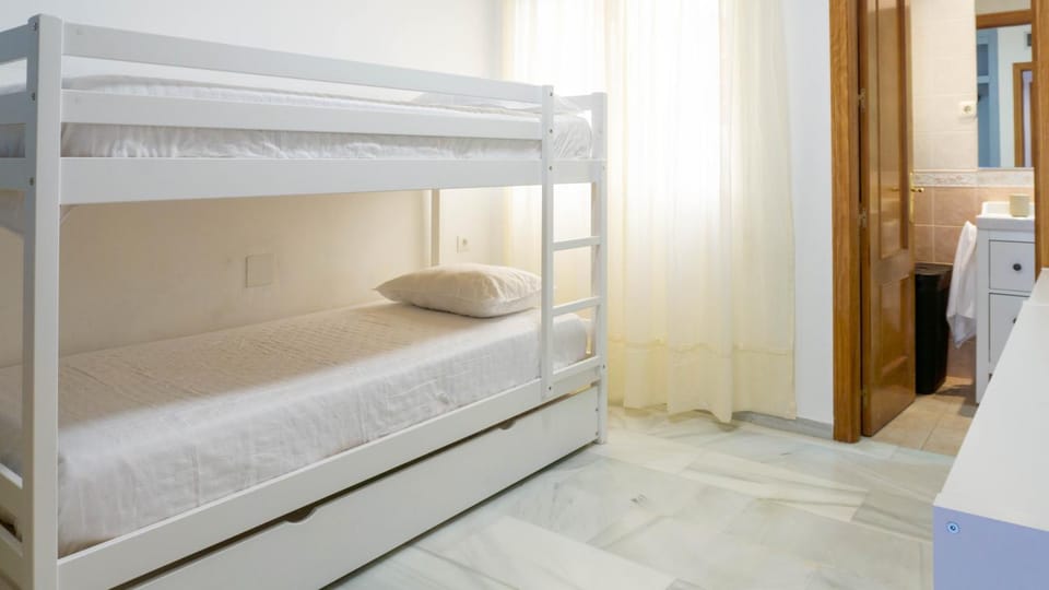 Bed, Photo of the whole room, Bedroom, bunk bed, towels, wardrobe