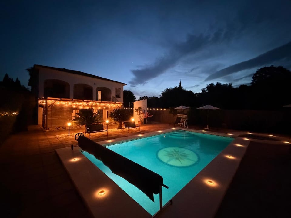 Property building, Night, Swimming pool