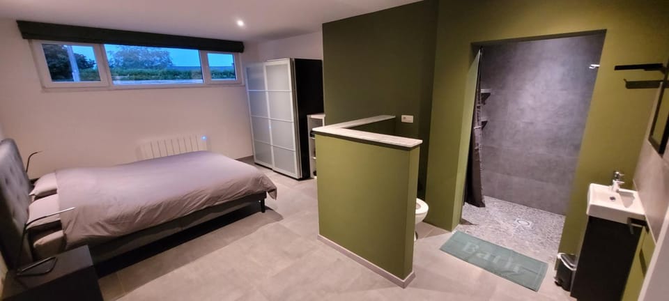 Shower, Bed, Bathroom, Photo of the whole room, Bedroom