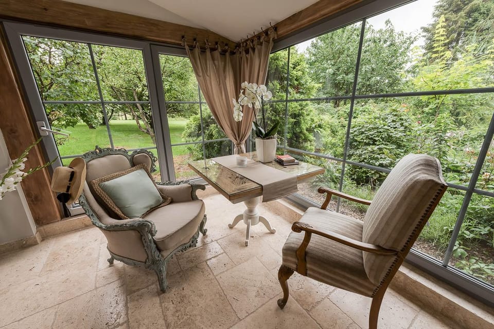 Patio, Spring, Day, Garden, View (from property/room), Balcony/Terrace, Living room, Seating area, Dining area, Garden view