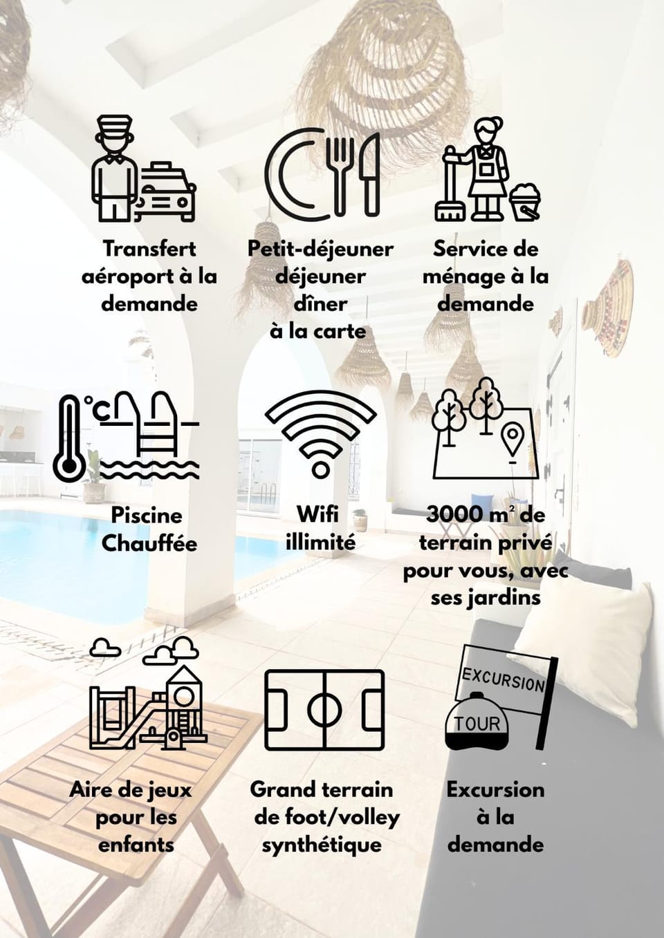 Children play ground, Garden, Swimming pool, Breakfast, Lunch, Dinner, internet
