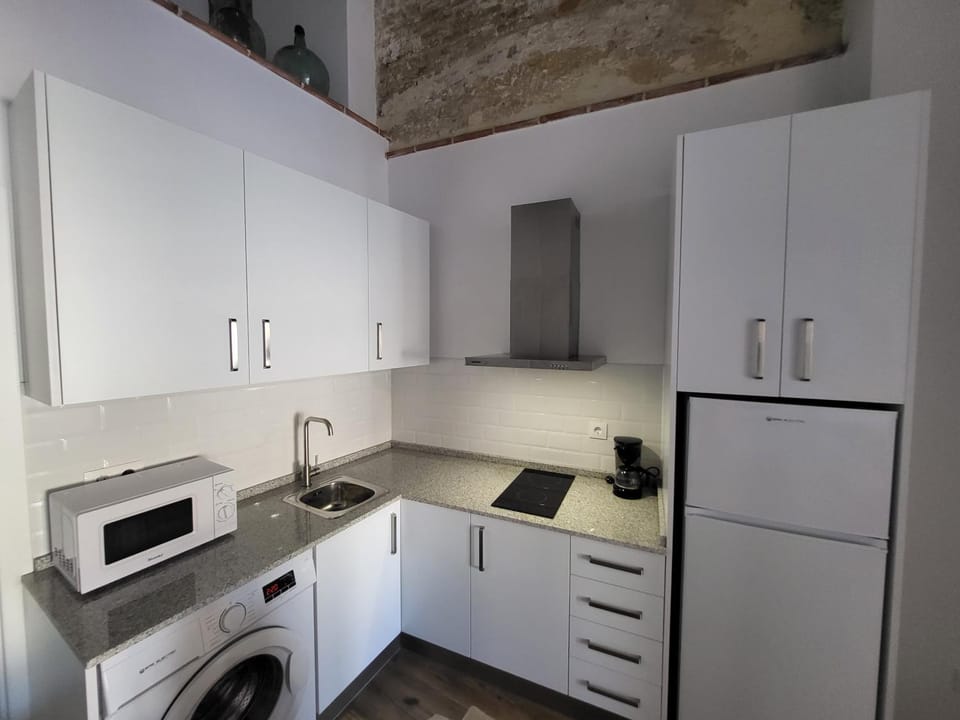 Kitchen or kitchenette, minibar, stove, toaster, washing machine