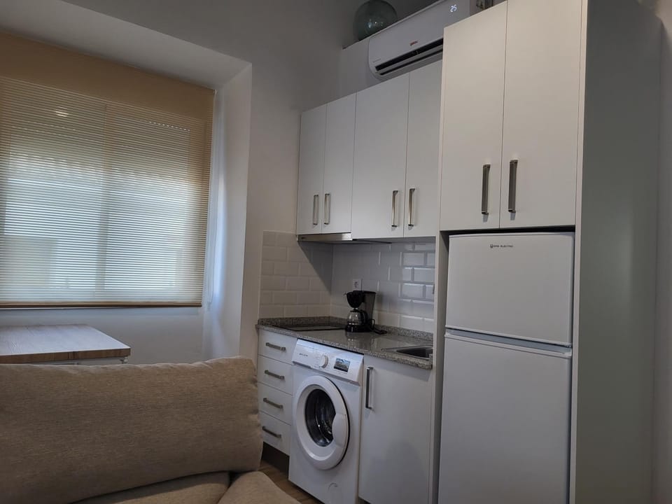 Kitchen or kitchenette, minibar, stove, washing machine
