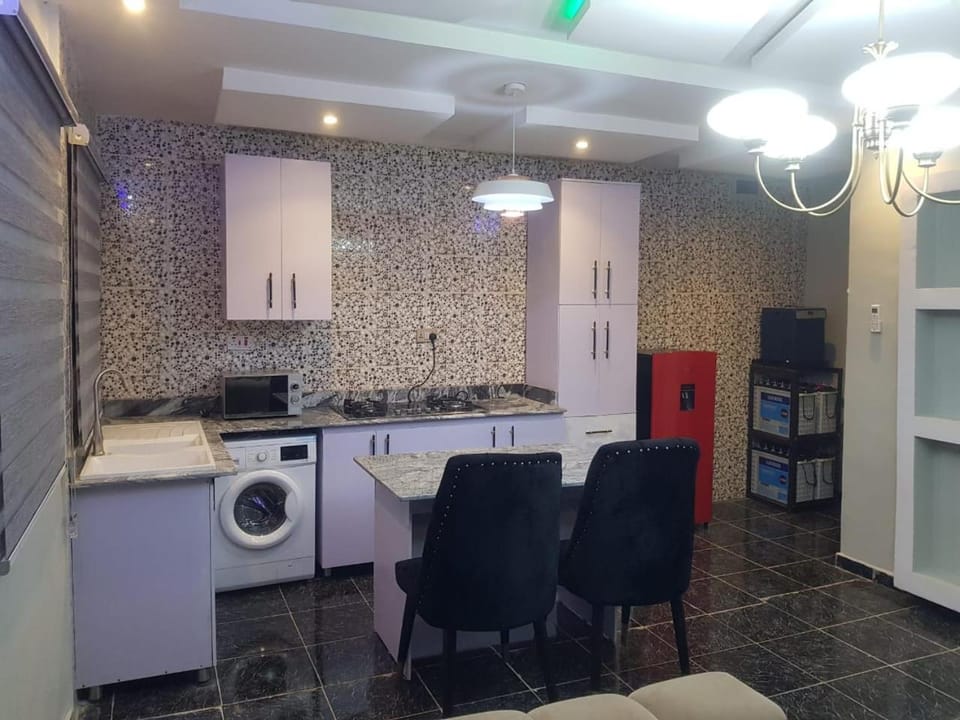 Kitchen or kitchenette, Dining area, stove, washing machine, dryer