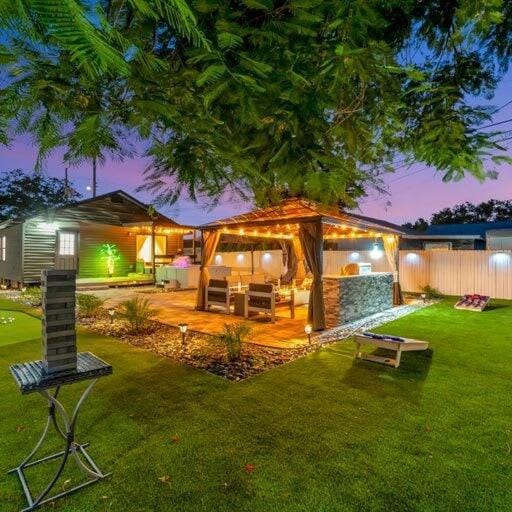 Patio, Night, Garden, Seating area, Dining area, Sunset