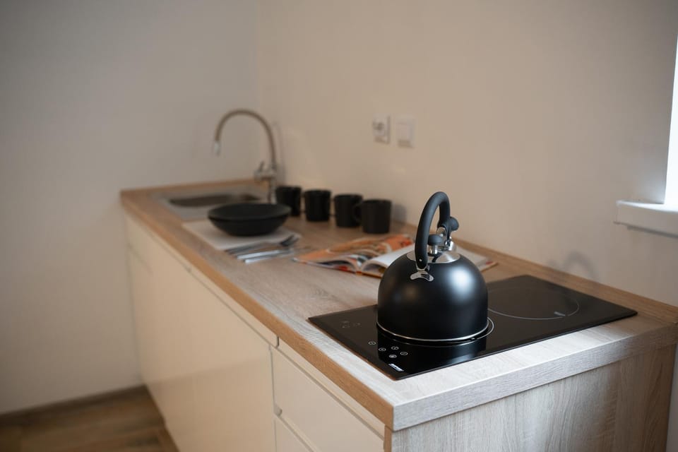 Kitchen or kitchenette, stove