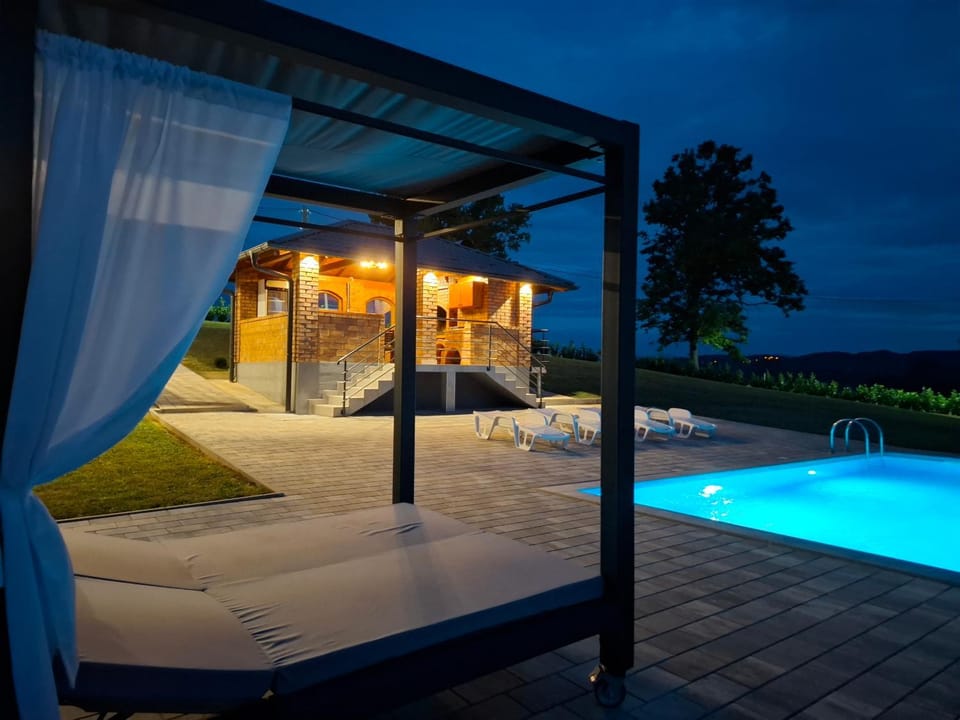 Patio, Night, Natural landscape, Pool view, Swimming pool, sunbed