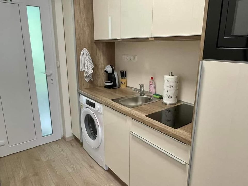 Kitchen or kitchenette, minibar, stove, washing machine