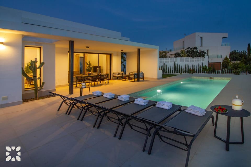 Patio, Night, Natural landscape, Pool view, Swimming pool, sunbed
