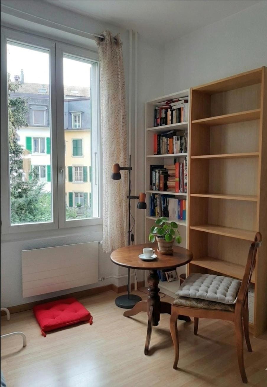 Library, Living room, Seating area, Garden view, furniture, heating