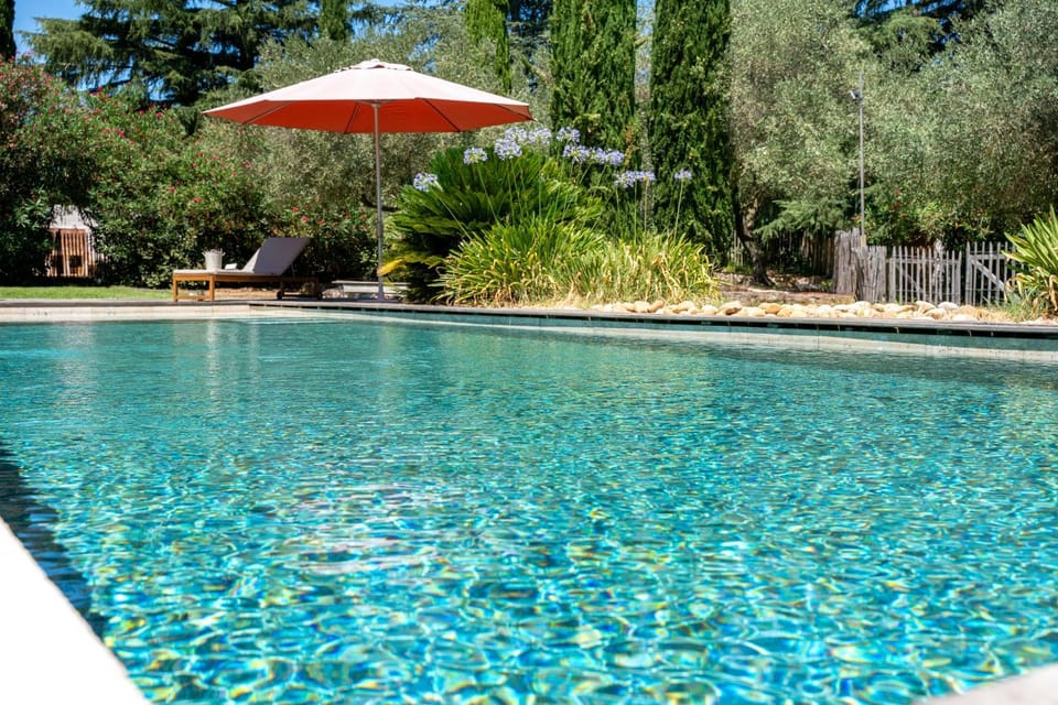 Natural landscape, Garden, Garden view, Pool view, Swimming pool, sunbed