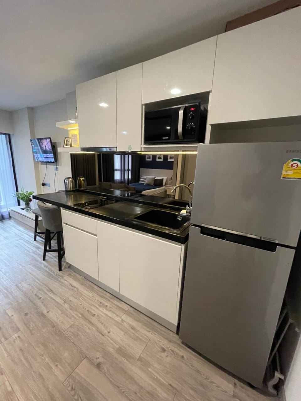 Kitchen or kitchenette, stove