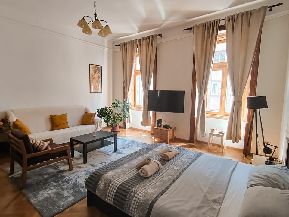 Bed, TV and multimedia, Living room, Photo of the whole room, Seating area, Bedroom, towels