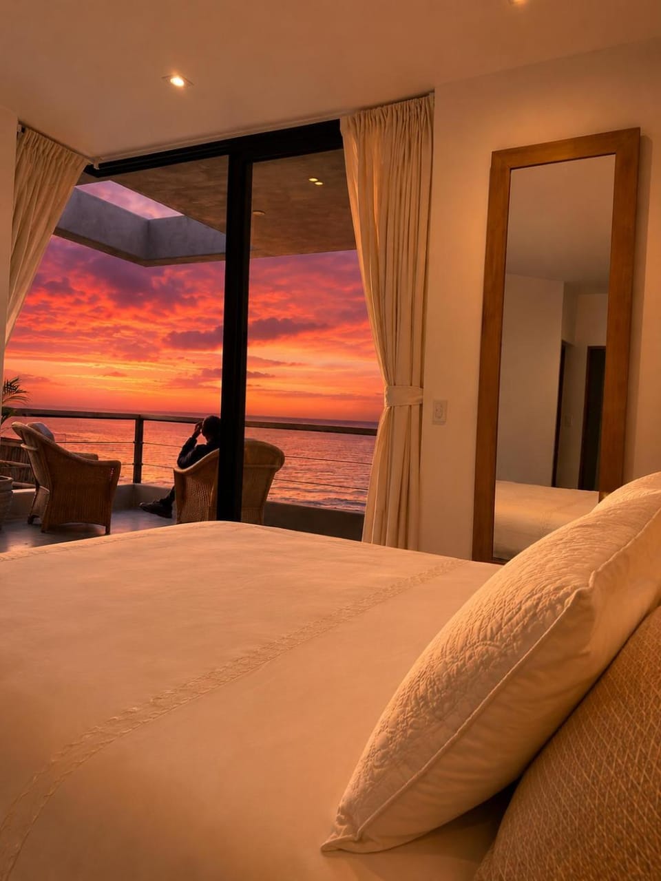 Bed, Bedroom, Sea view, Sunset
