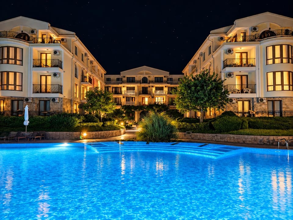 Property building, Night, Swimming pool
