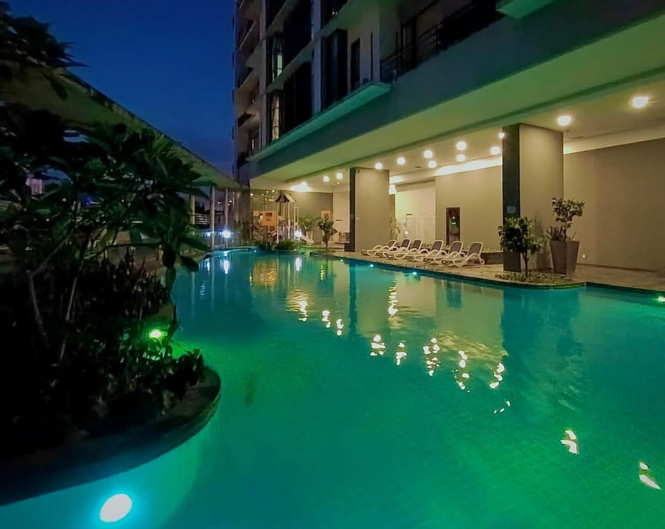 Property building, Night, Pool view, Swimming pool