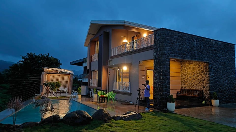 Property building, Night, Garden, Garden view, Pool view, Swimming pool