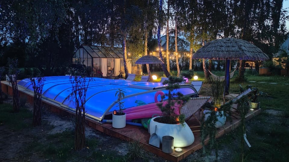 Property building, Night, Natural landscape, Garden, Garden view, Pool view, Swimming pool, sunbed