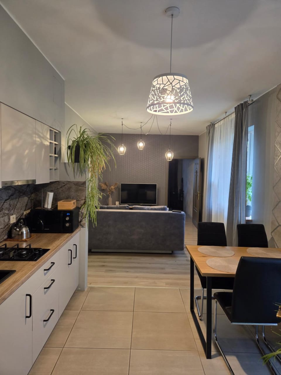 Kitchen or kitchenette, Living room, Seating area, Dining area, stove