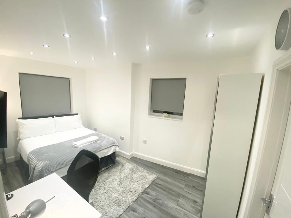 Bed, wardrobe