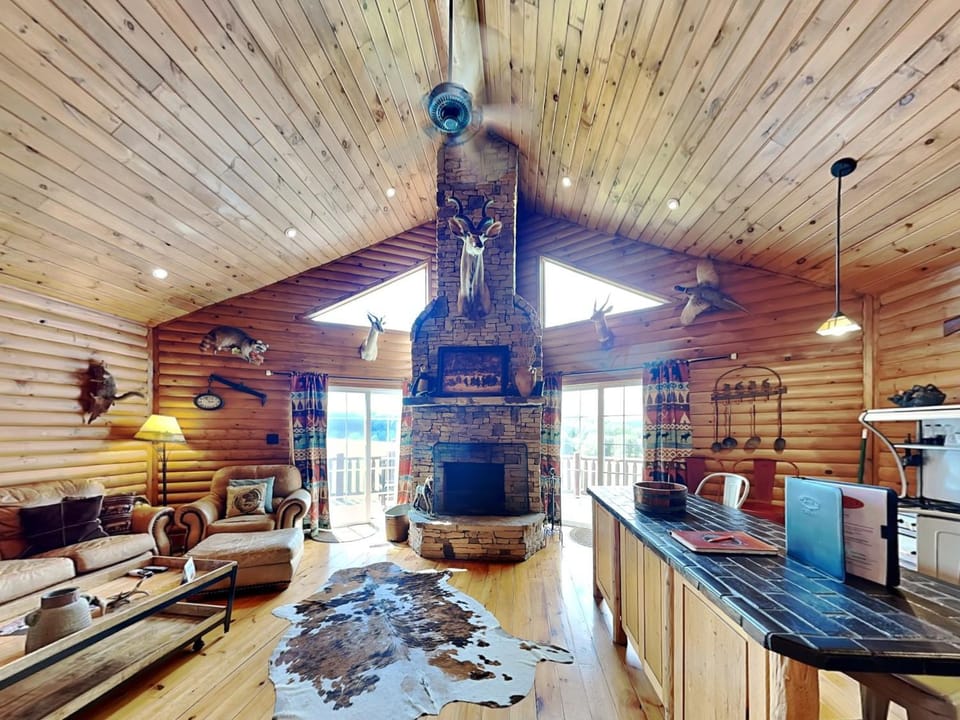 View (from property/room), Kitchen or kitchenette, Living room, Seating area, fireplace, furniture