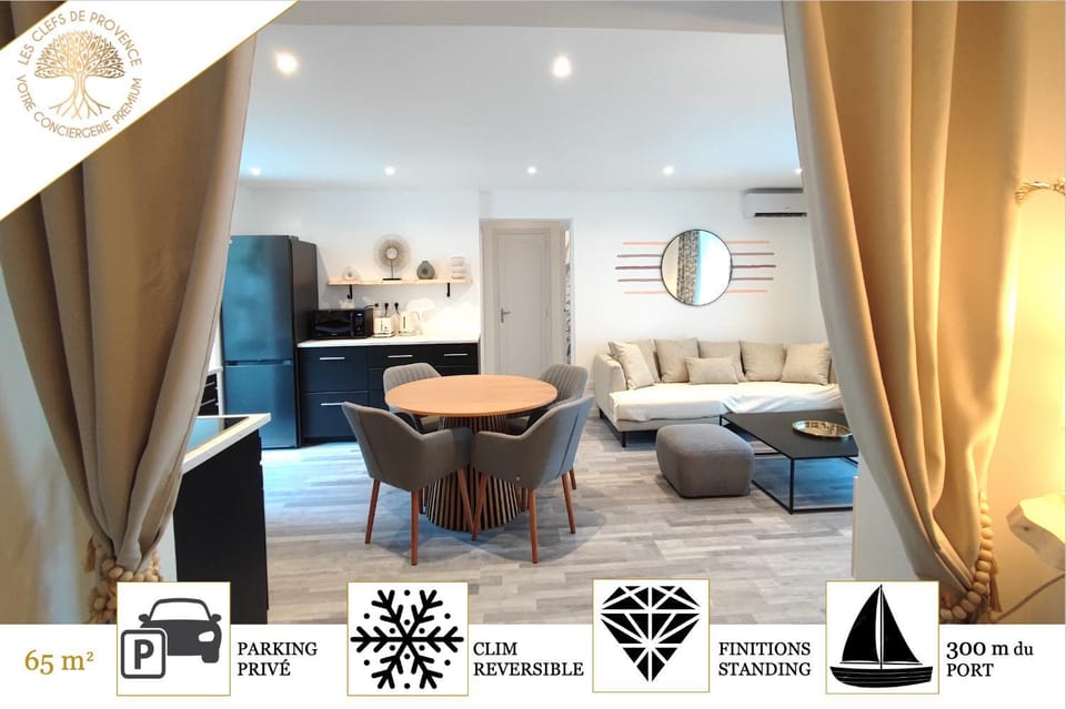 Kitchen or kitchenette, Living room, Seating area, Text overlay