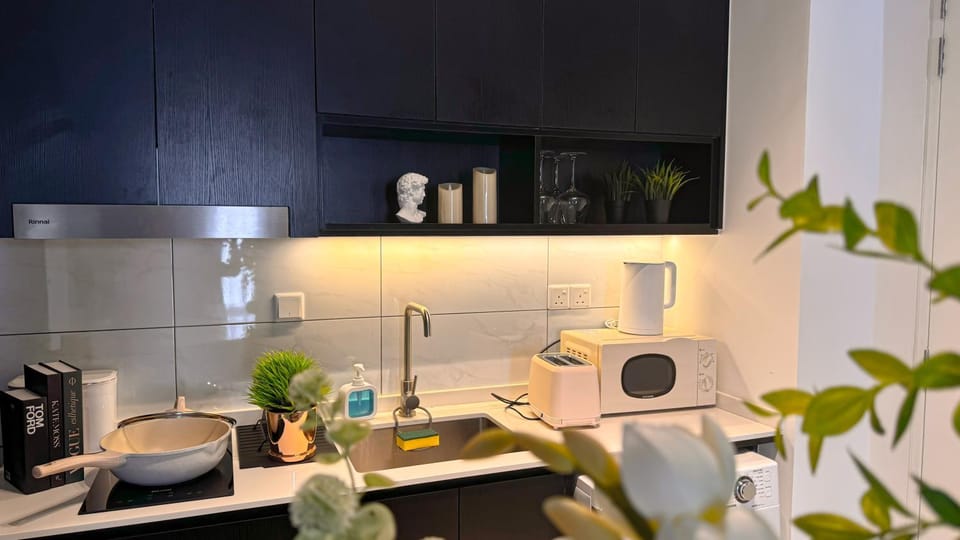 Kitchen or kitchenette, dishwasher, stove, washing machine